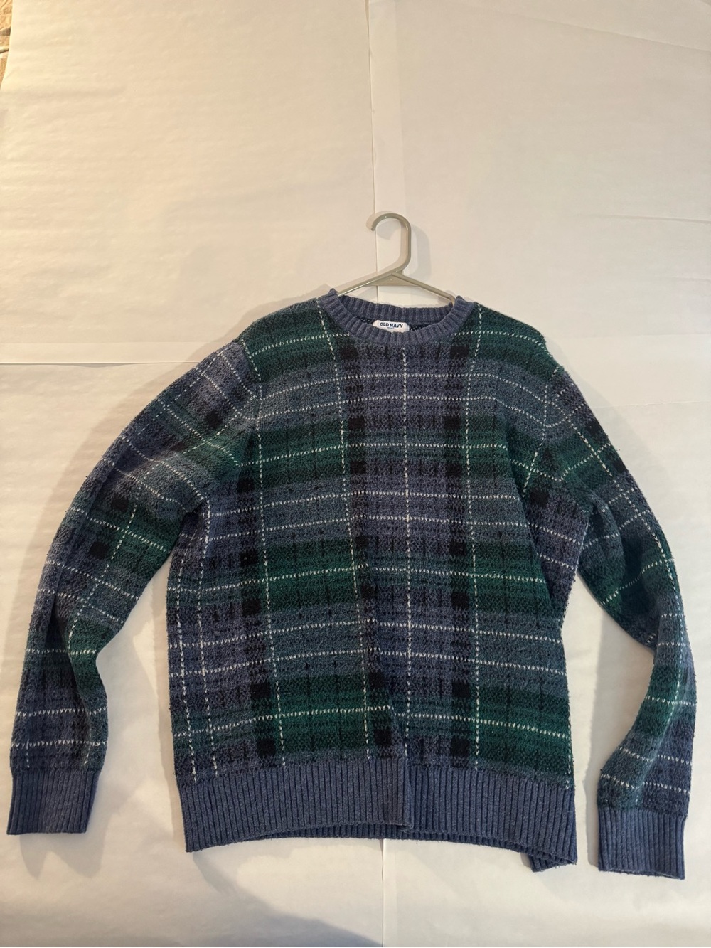 Old Navy Plaid Crewneck Sweater in Green and Blue